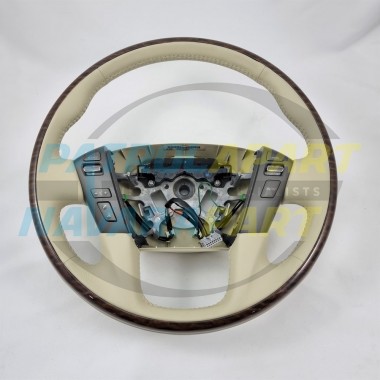 Genuine Nissan Patrol Y62 Beige Leather Woodgrain Steering Wheel