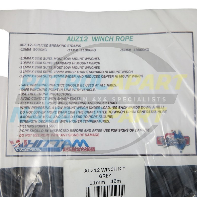 AUZ12 Winch Rope 11mmx45m suit Warn M8274 High Mount + 76mm drum