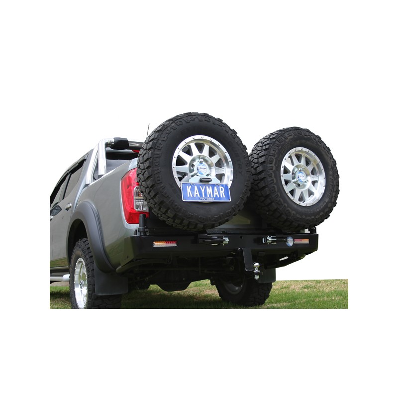 Kaymar Rear Bar QM1 White S1-4 LHS Dual Jerry RHS Wheel Carrier (Suit OE Sensor) - Nissan Navara D23 NP300