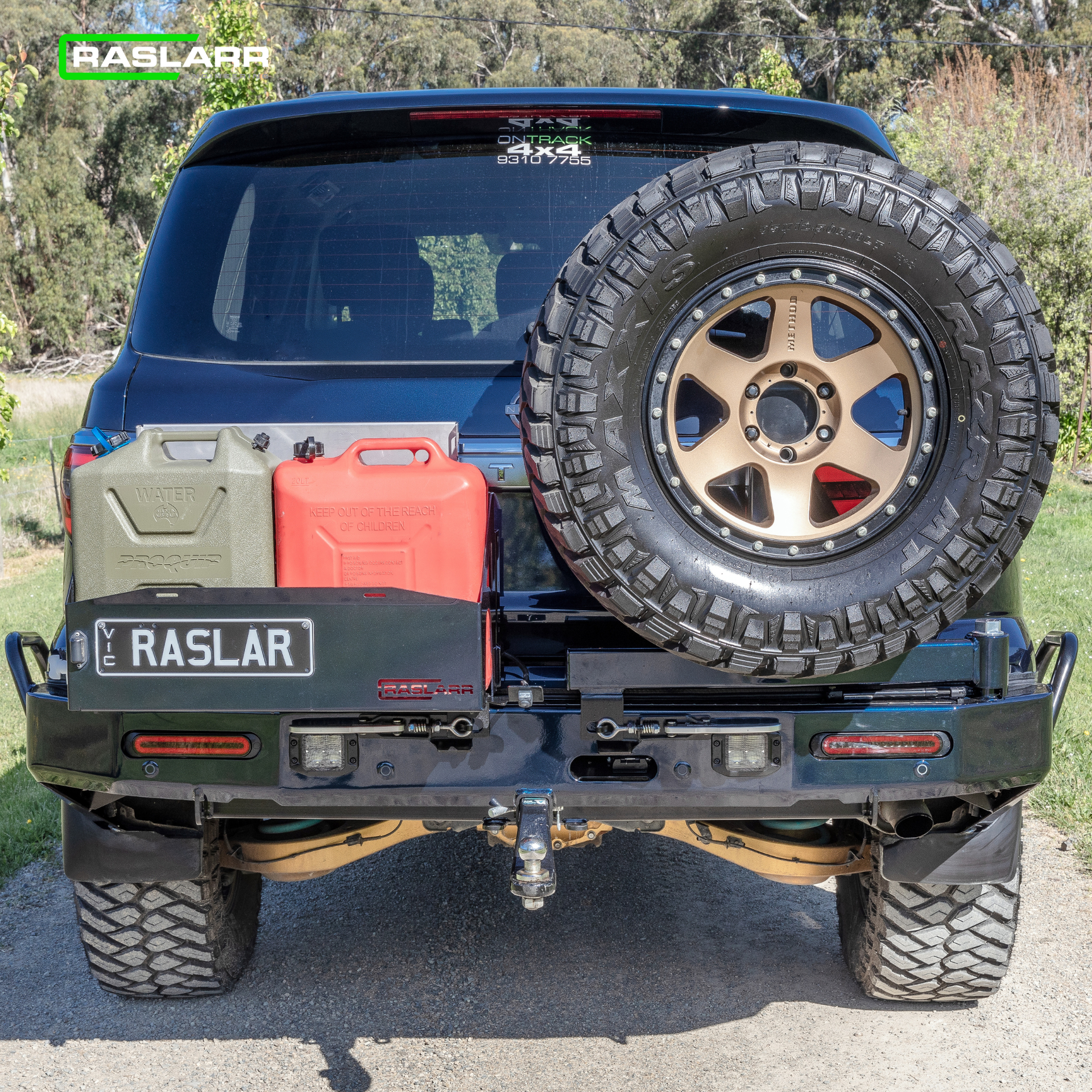 Raslarr V2 Rear Bar Black Right Tyre & Left Dual Jerry Can Carriers - Nissan Patrol Y62 S5